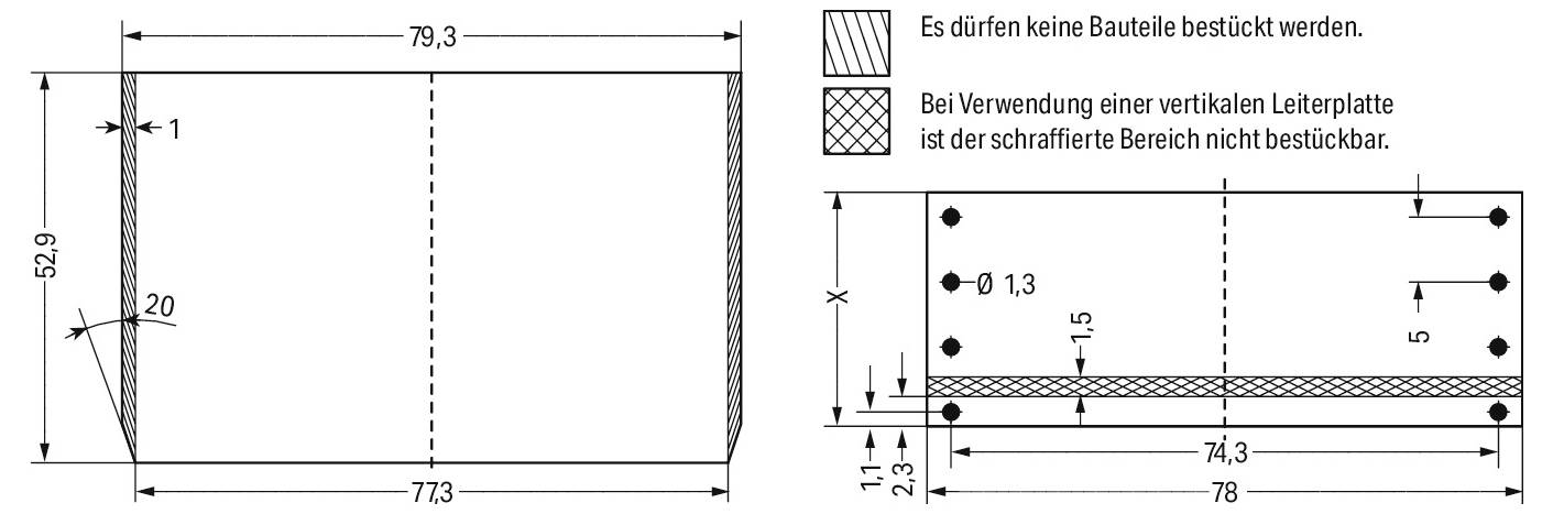Das Schaltbild zeigt zwei Diagramme einer vertikalen Leiterplatte. Text kennzeichnet Bereiche, die nicht mit Komponenten bestückt werden sollen.