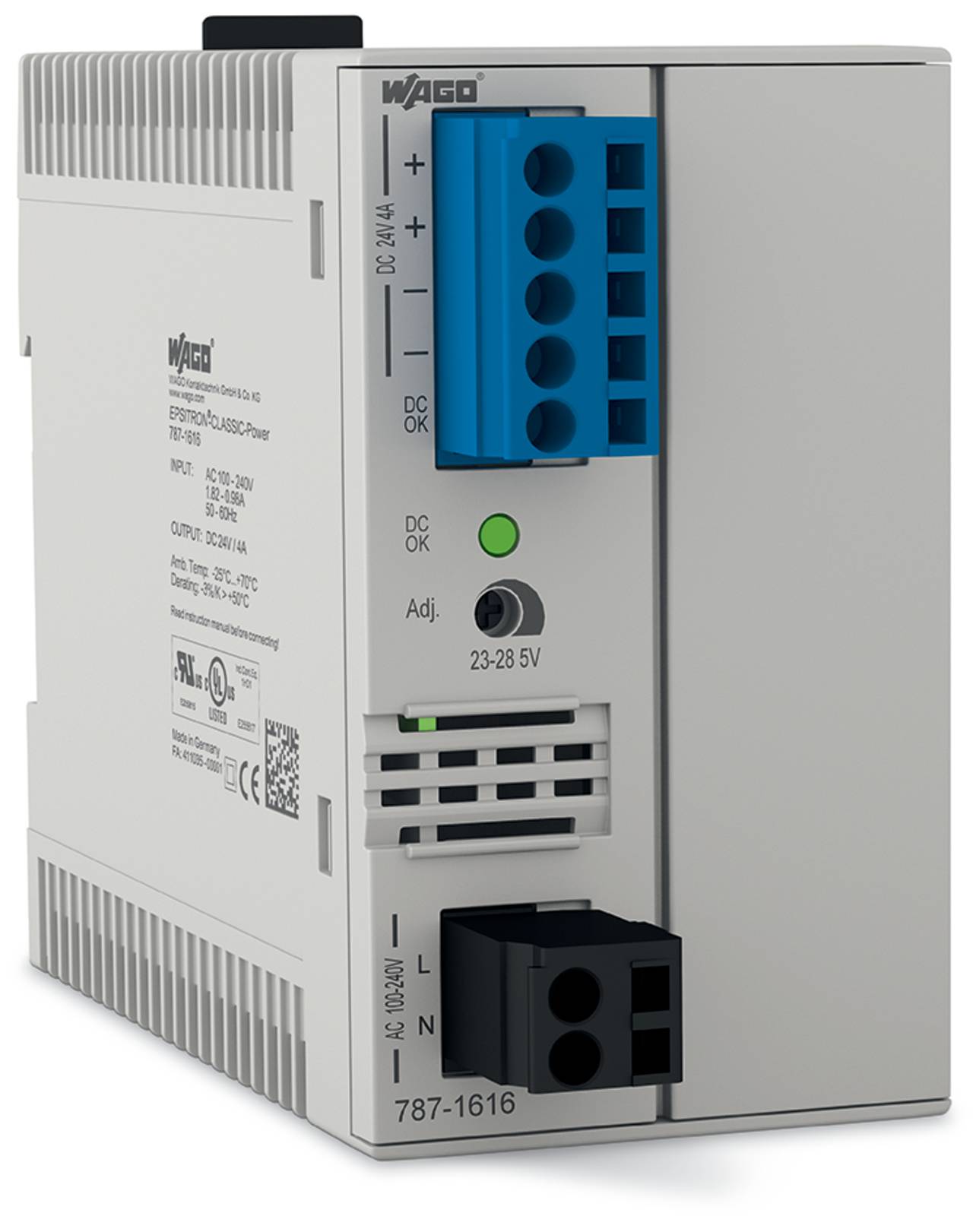 Frontansicht einer WAGO-Stromversorgungseinheit mit blauen Anschllussklemmen, Anzeigelampen und Einstellregler, die ihr kompaktes Design für Elektrosysteme hervorhebt.