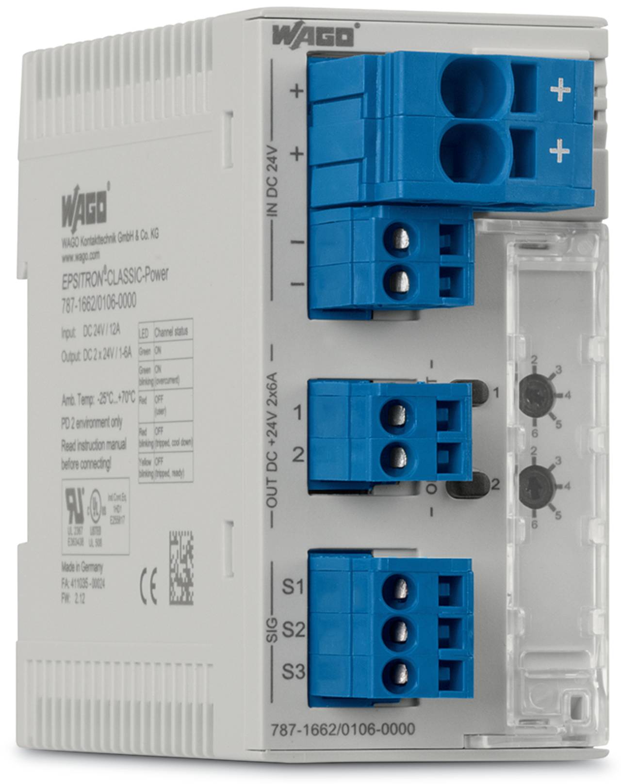 Das Bild zeigt ein Wago EPSITRON-Stromversorgungsmodul mit Spezifikationen und blauen Anschlussblöcken zum Anschließen von Elektrokabeln.