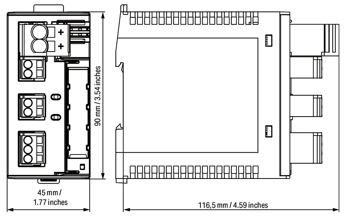 Technisches Diagramm eines elektronischen Moduls mit den Abmessungen: 90 mm (3,54 Zoll) Höhe, 116,5 mm (4,59 Zoll) Breite, 45 mm (1,77 Zoll) Tiefe.