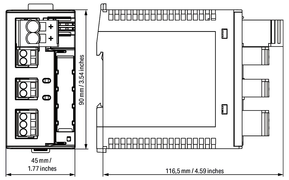 Diagramm eines rechteckigen elektronischen Geräts mit beschrifteten Abmessungen: 90 mm (3,54 Zoll) hoch, 45 mm (1,77 Zoll) breit und 107,5 mm (4,23 Zoll) lang.