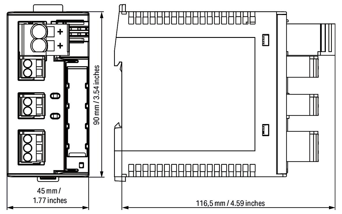 Technisches Diagramm eines rechteckigen elektronischen Geräts mit folgenden Abmessungen: 90 mm/3,54 Zoll Höhe, 45 mm/1,77 Zoll Breite und 116,5 mm/4,59 Zoll Länge.