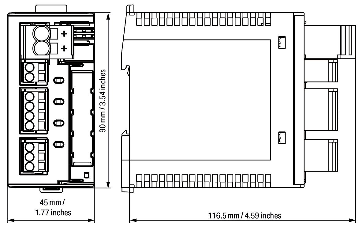 Diagramm eines elektronischen Geräts mit Abmessungen: 90 mm (3,54 Zoll) hoch, 45 mm (1,77 Zoll) breit, 116,5 mm (4,59 Zoll) tief. Zeigt interne und externe Komponenten.