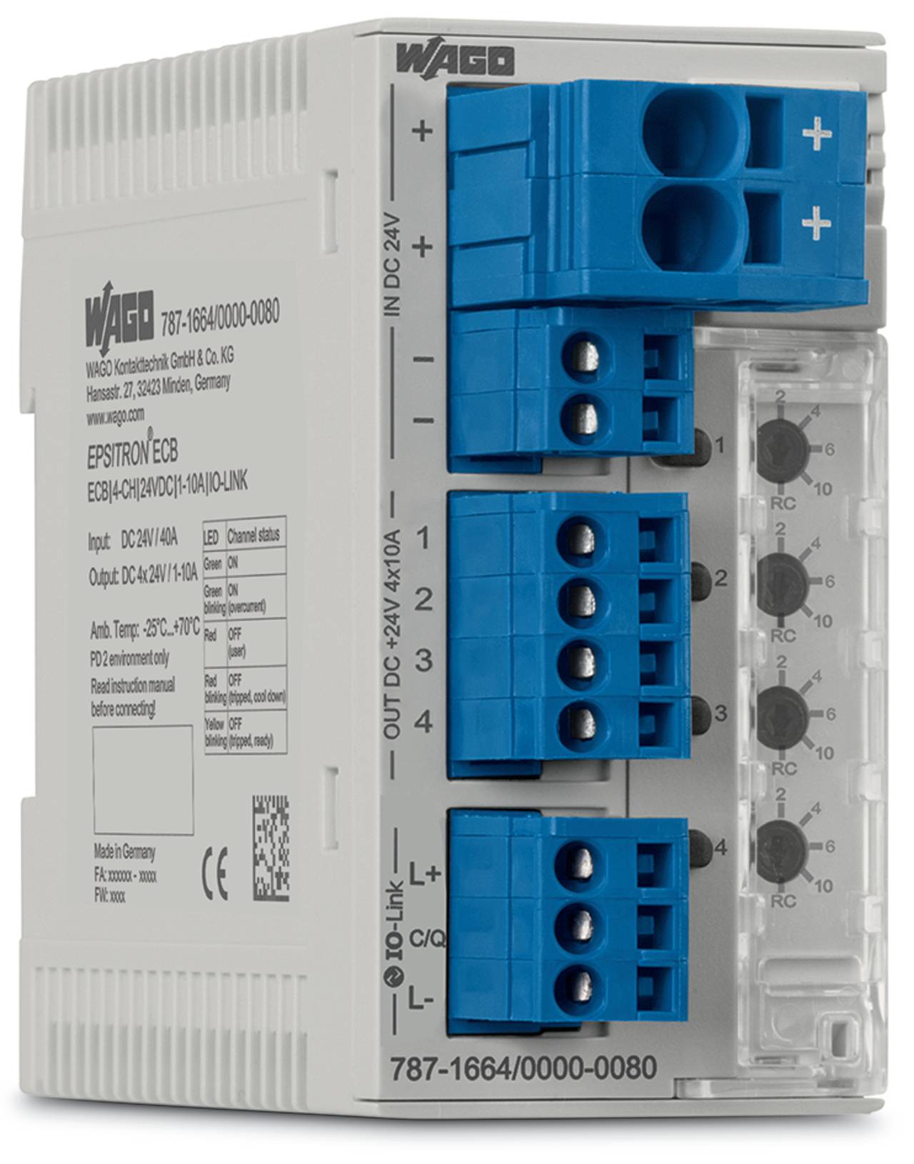 Ein Wago EPSITRON ECO Netzteil mit drei blauen Anschlüssen mit der Beschriftung „IN DC 24V