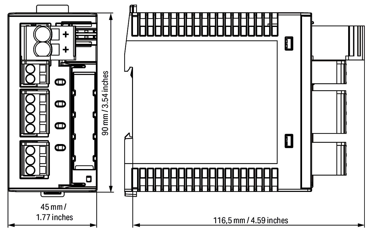 Abmessungen und Layout eines Elektrogeräts. Maße: 90mm x 116,5mm mit kleinerer Sektion 45mm breit. Technischer Schaltplan-Stil.