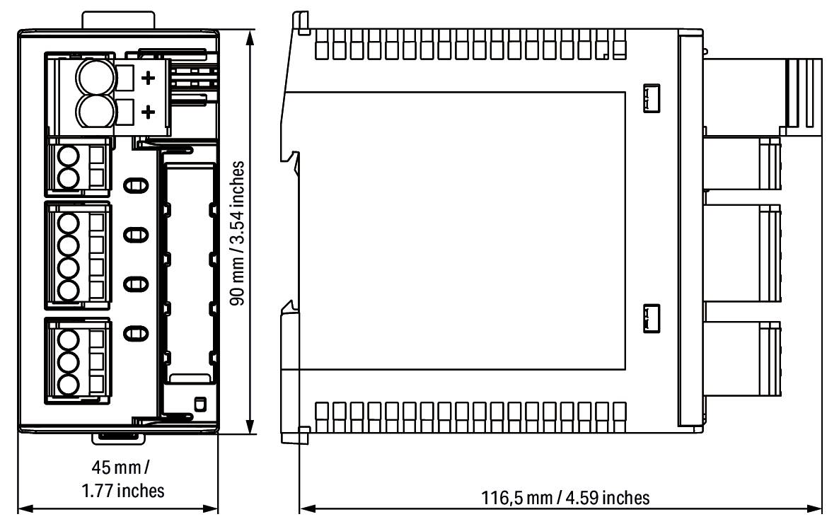 Schaltplandiagramm mit Abmessungen: 90 mm/3,54 Zoll Höhe, 116,5 mm/4,59 Zoll Breite, 45 mm/1,77 Zoll Tiefe.