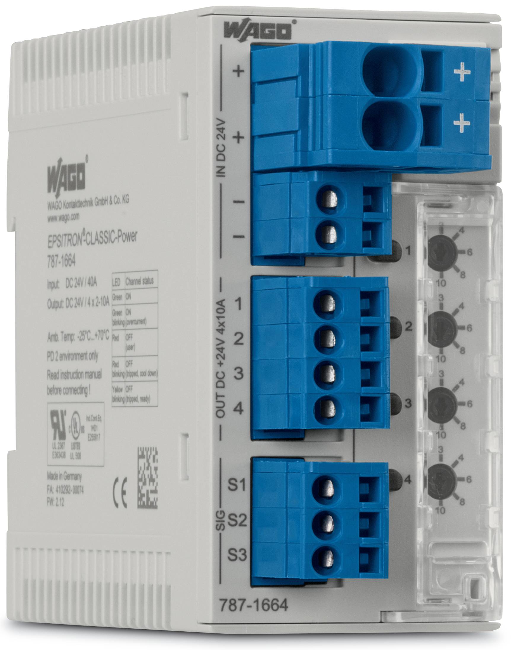 WAGO EPSITRON CLASSIC-Power, Modell 787-1664 – Elektrogerät mit gekennzeichneten blauen Anschlüssen für DC-Ausgang und -Eingang, das für die elektrische Stromverteilung verwendet wird.