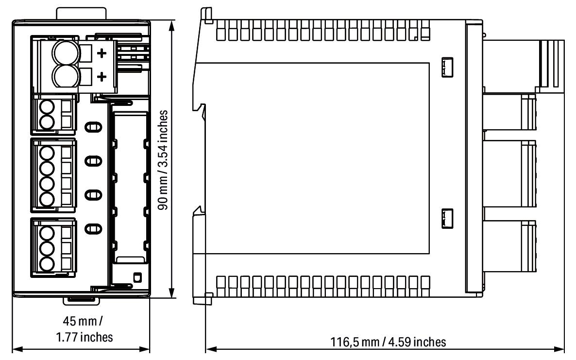 Diagramm eines elektronischen Moduls mit Abmessungen: 90 mm (3,54 Zoll) Höhe, 116,5 mm (4,59 Zoll) Breite, 45 mm (1,77 Zoll) Tiefe.
