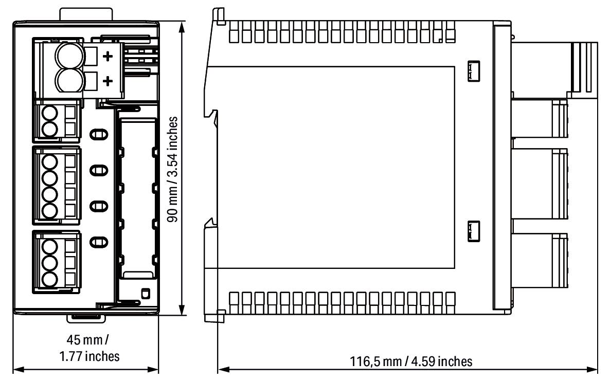 Diagramm eines elektrischen Geräts mit Abmessungen: Höhe 90 mm/3,54 Zoll, Breite 45 mm/1,77 Zoll, Tiefe 116,5 mm/4,59 Zoll.
