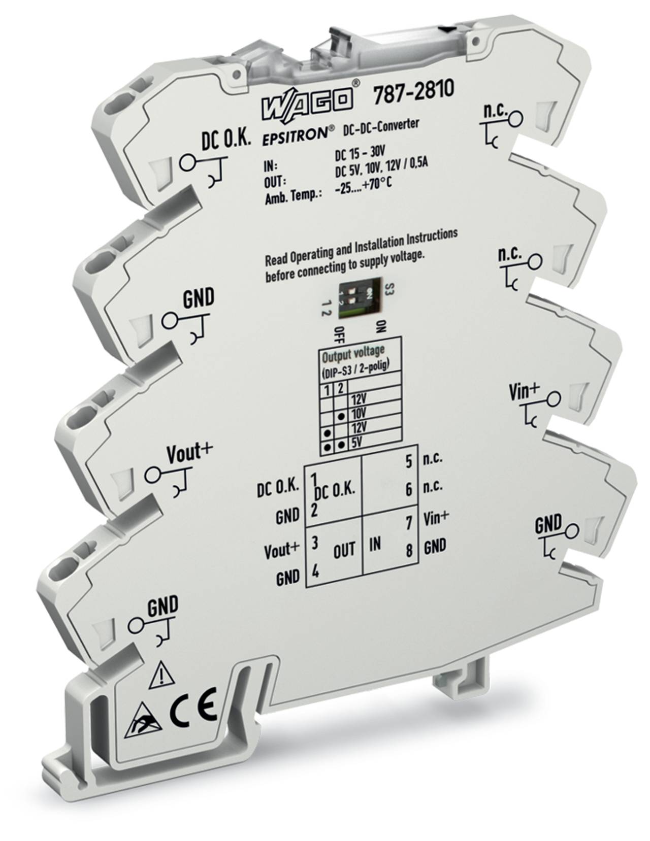 Ein WAGO 787-2810 DC/DC-Wandler mit verschiedenen Anschlusspunkten, die mit DC O.K., GND, Vout+, Vin+ und anderen Details gekennzeichnet sind.