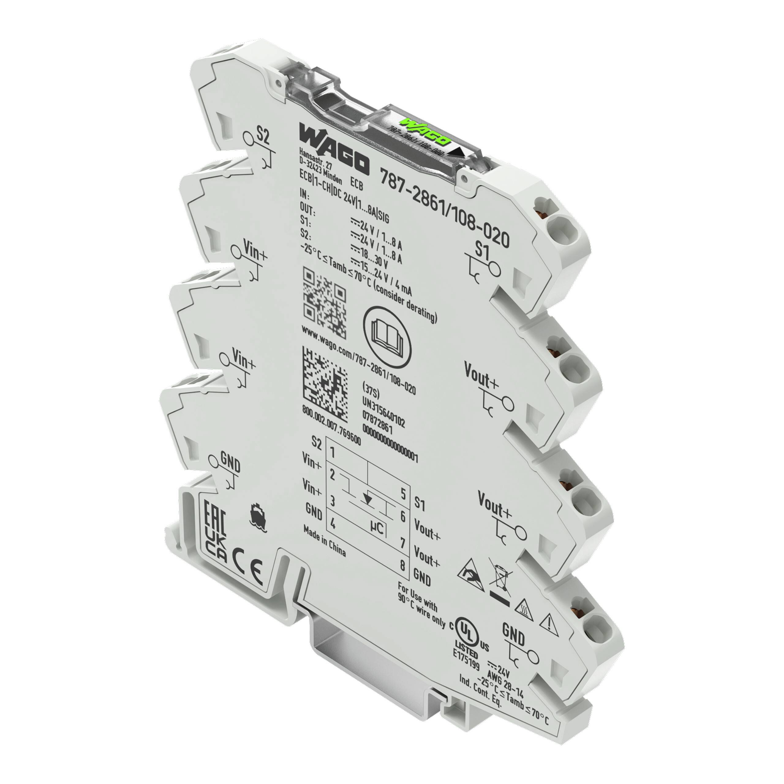 Ein schlankes, weißes elektronisches Modul mit der Bezeichnung „WAGO