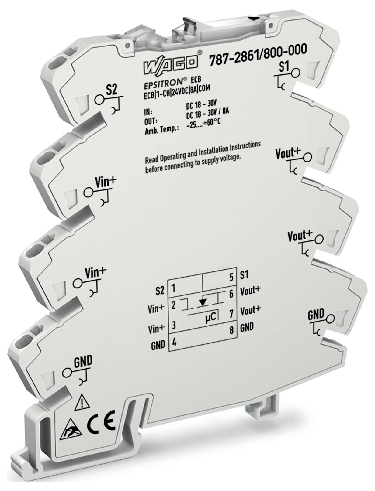 Ein Stromwandler mit Spaltkernen und Wago-Kennzeichnung, mit einem abnehmbaren oberen Teil und zwei orangefarbenen Anschlüssen an der Basis.