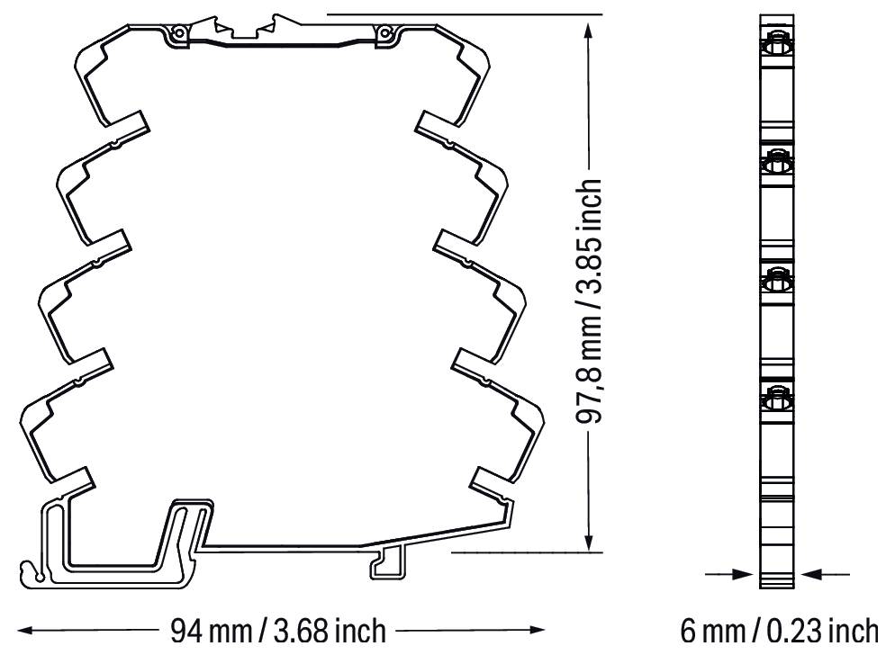 Querschnittsdiagramm eines Geräts mit Abmessungen: Breite 94 mm (3,68 Zoll), Höhe 97,8 mm (3,85 Zoll), Tiefe 6 mm (0,23 Zoll).