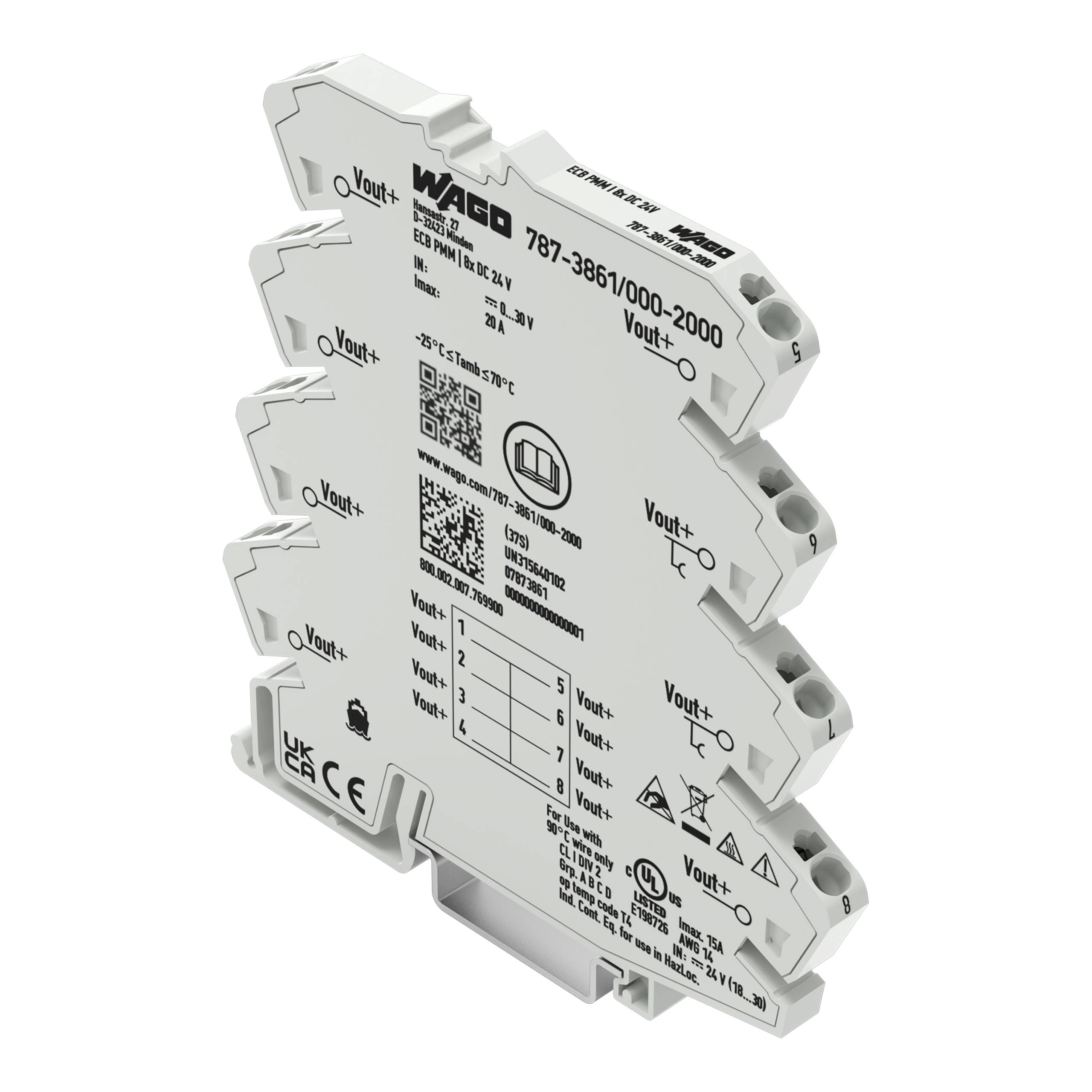 Ein WAGO-Elektronikmodul, Modell 787-2867/000-2000, zeigt Produktdetails, Ein-/Ausgangsspannungsspezifikationen und einen QR-Code für Informationen.