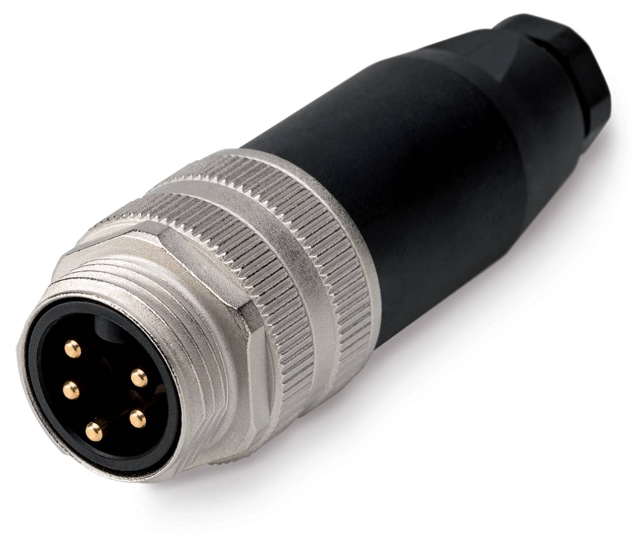 Ein schwarzer und silberner zylindrischer Stecker mit fünf goldenen Stiften, der für elektrische Verbindungen verwendet wird.