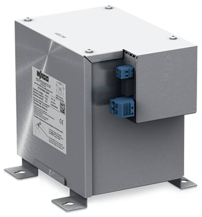 Ein elektrischer Metalltransformator mit einer beschrifteten Seitenwand und Steckverbindern auf der Oberseite, montiert auf einer flachen Basis zur Installation.