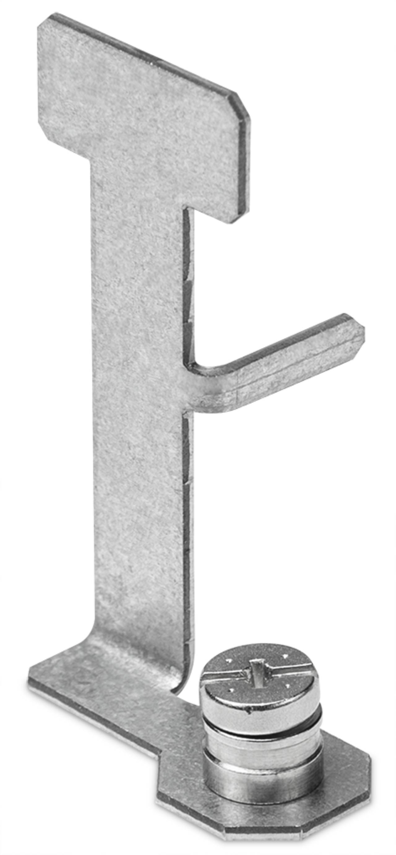 Eine Metalleckwinkelklammer mit zylindrischer Basis und oberer Haken, die zum Sichern von Platten oder Brettern in Bau- oder Tischlerprojekten verwendet wird.