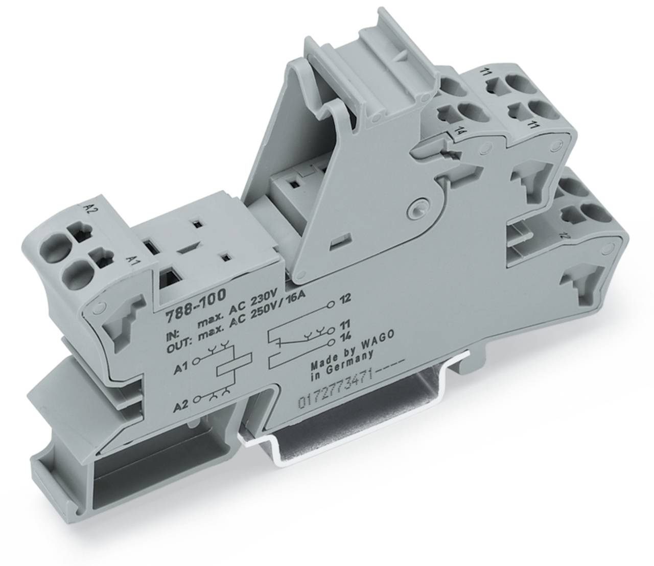 Graues Klemmleistenmodul mit folgenden Spezifikationen: Max. AC 250V, 16A, A1/A2-Anschlüsse. Modell 788-100 von WAGO, hergestellt in Deutschland.