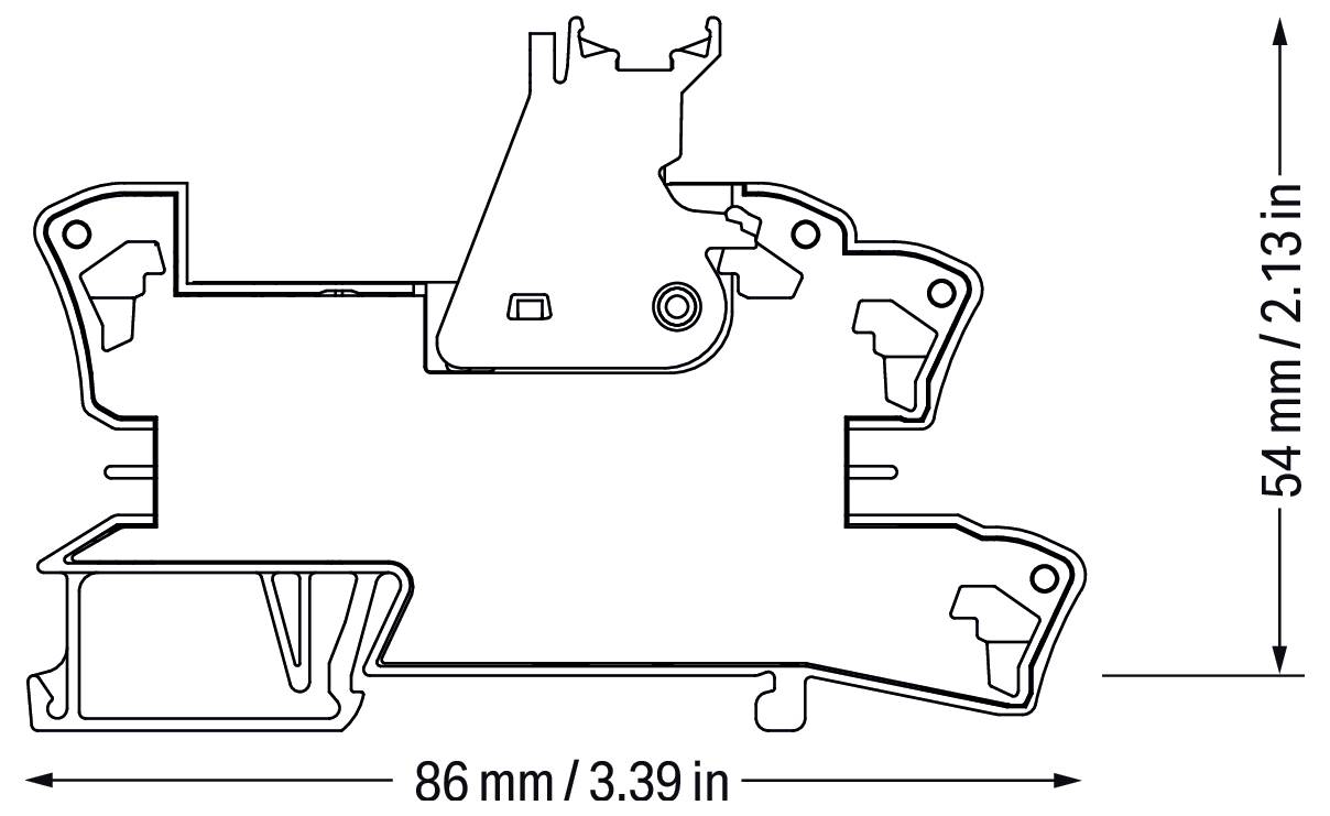 Ein technisches Diagramm zeigt einen Querschnitt eines Objekts mit den Abmessungen: 86 mm (3,39 Zoll) breit und 54 mm (2,13 Zoll) hoch.