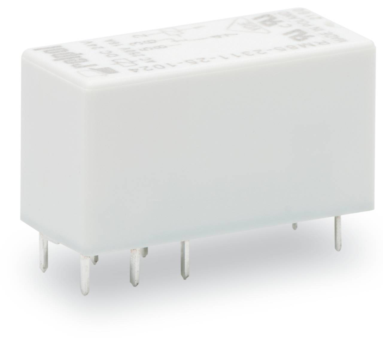 Kleine rechteckige elektronische Komponente mit sechs Metallstiften auf einer Seite, aus einem Winkel betrachtet.