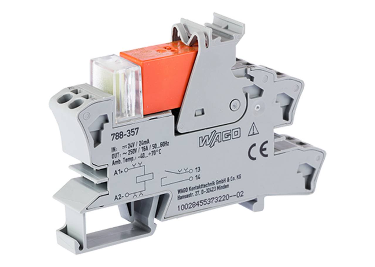 Ein grauer Anschlussblock mit einer orangefarbenen Komponente, mit der Bezeichnung 798-357. Gekennzeichnet mit Spezifikationen: 16A, 250V, 50Hz und Betriebstemperatur sowie Bereich.