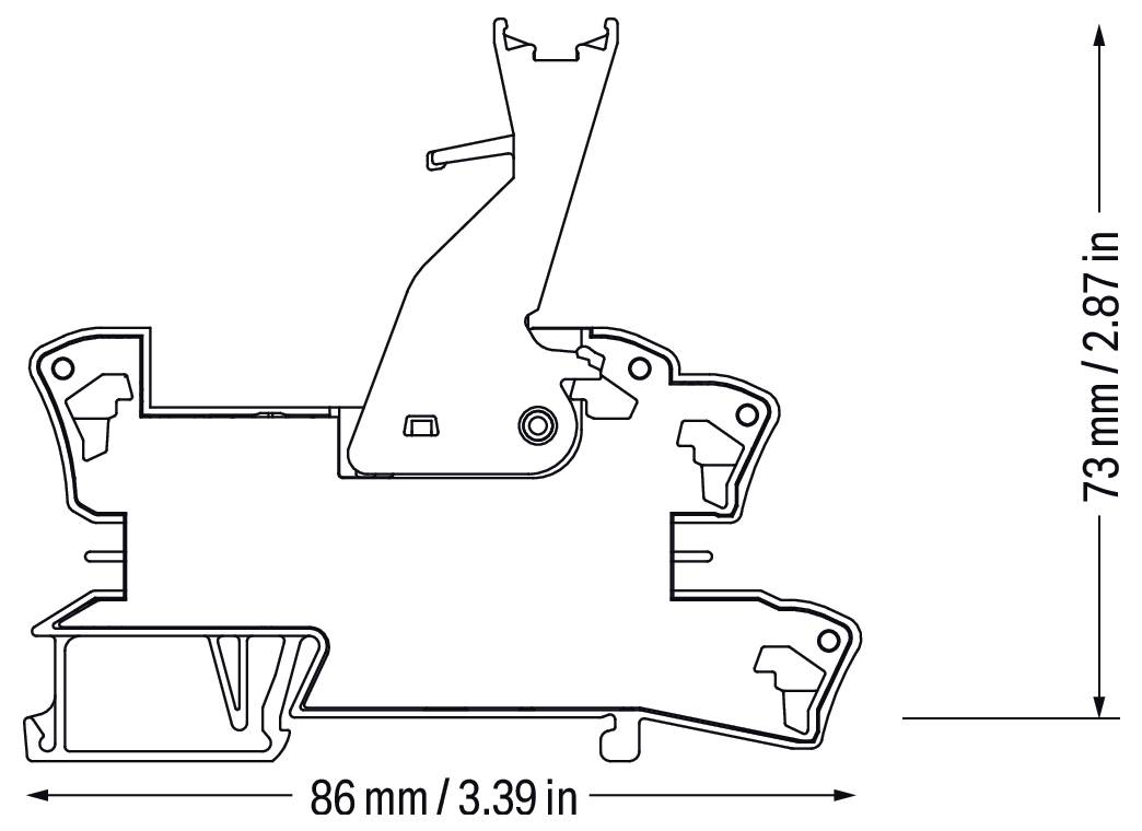 Diagramm einer mechanischen Komponente mit Abmessungen: Breite 86 mm (3,39 Zoll), Höhe 73 mm (2,87 Zoll).