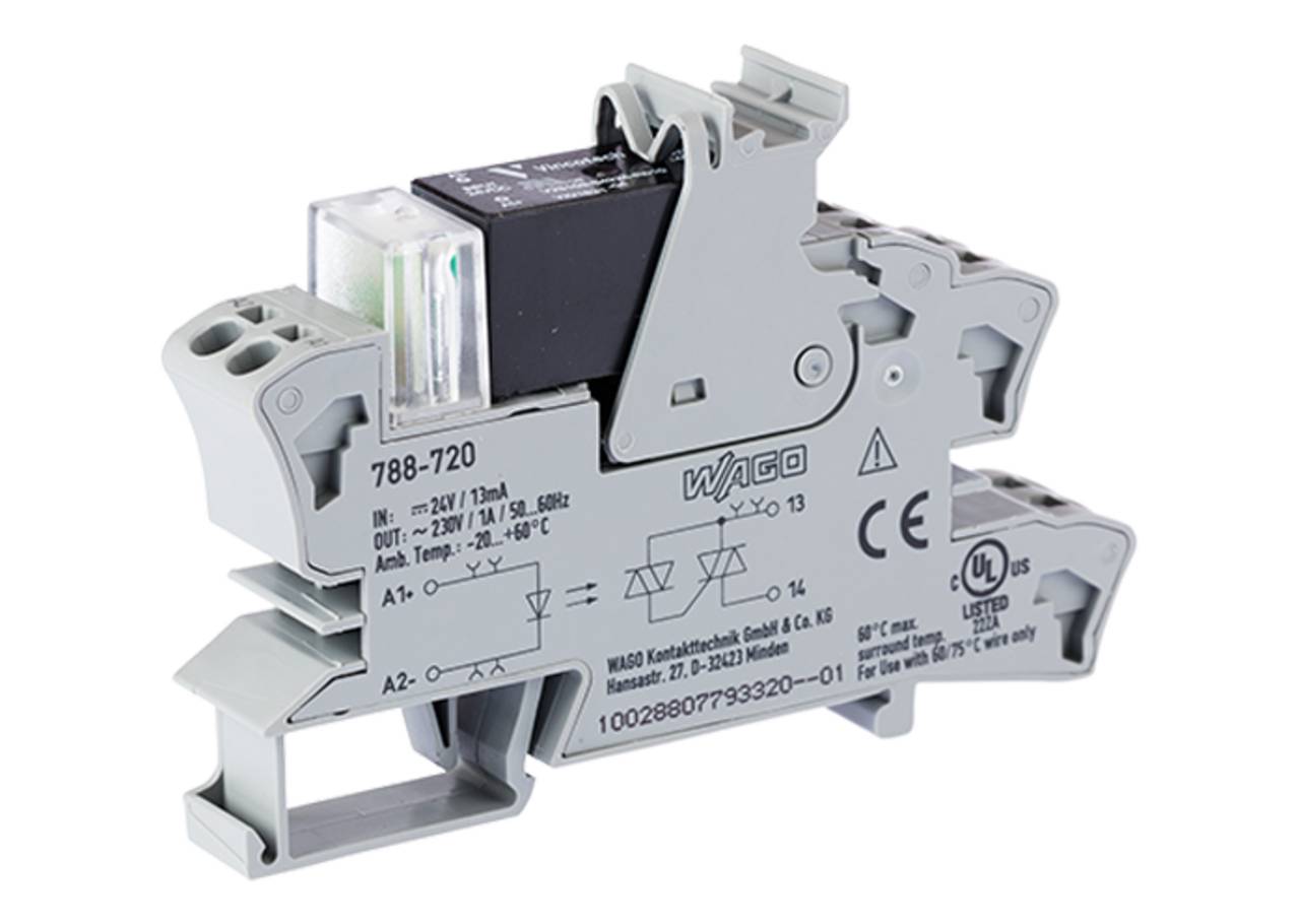 Ein graues elektrisches Relais mit einem transparenten Bauteil, auf der Seite mit „WAGO 788-720