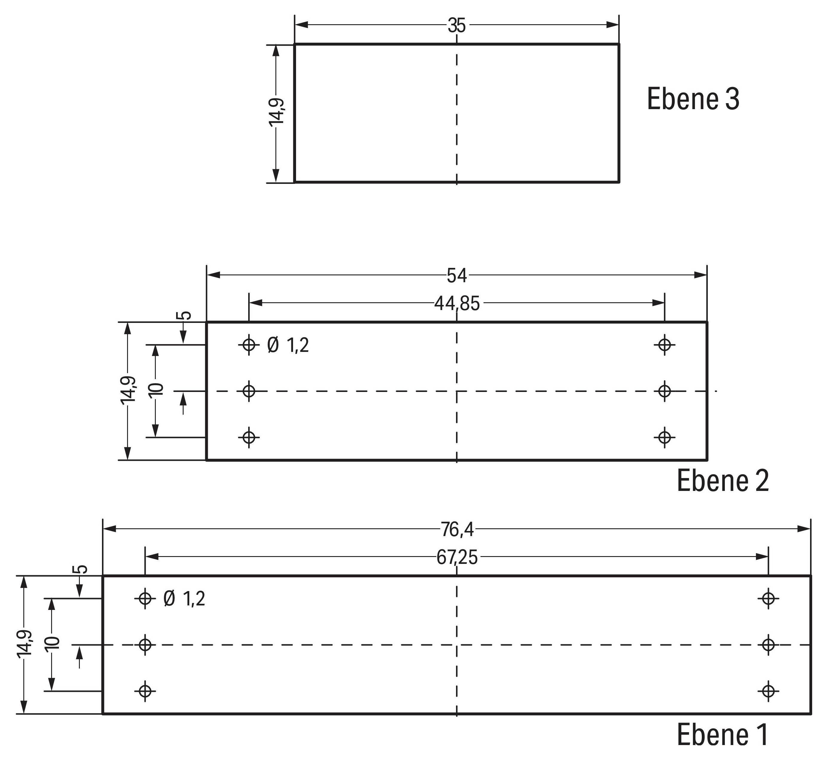 Technisches Diagramm mit drei rechteckigen Ebenen, gekennzeichnet als Ebene 1, Ebene 2 und Ebene 3, mit Abmessungen und Durchmessern in Millimetern angegeben.