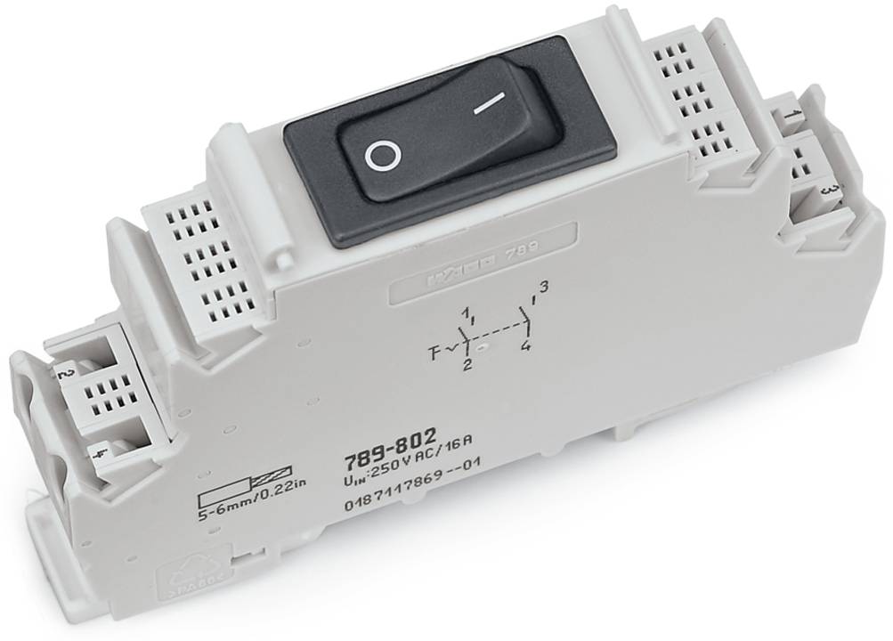 „Elektrischer Schalterkomponent mit schwarzem Ein-/Aus-Kippschalter und Schaltplan, gekennzeichnet mit Spezifikationen: „5-6mm/0,22in