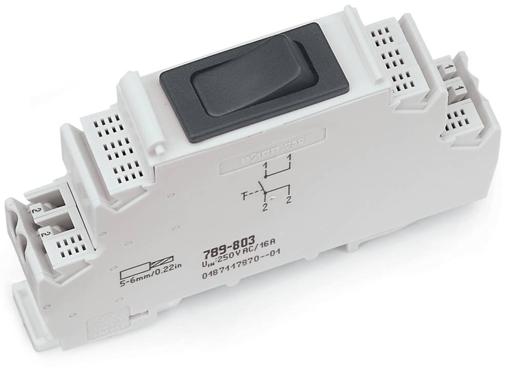 Weißes Elektrorelais-Modul mit schwarzem Schalter, beschriftet mit „789-803