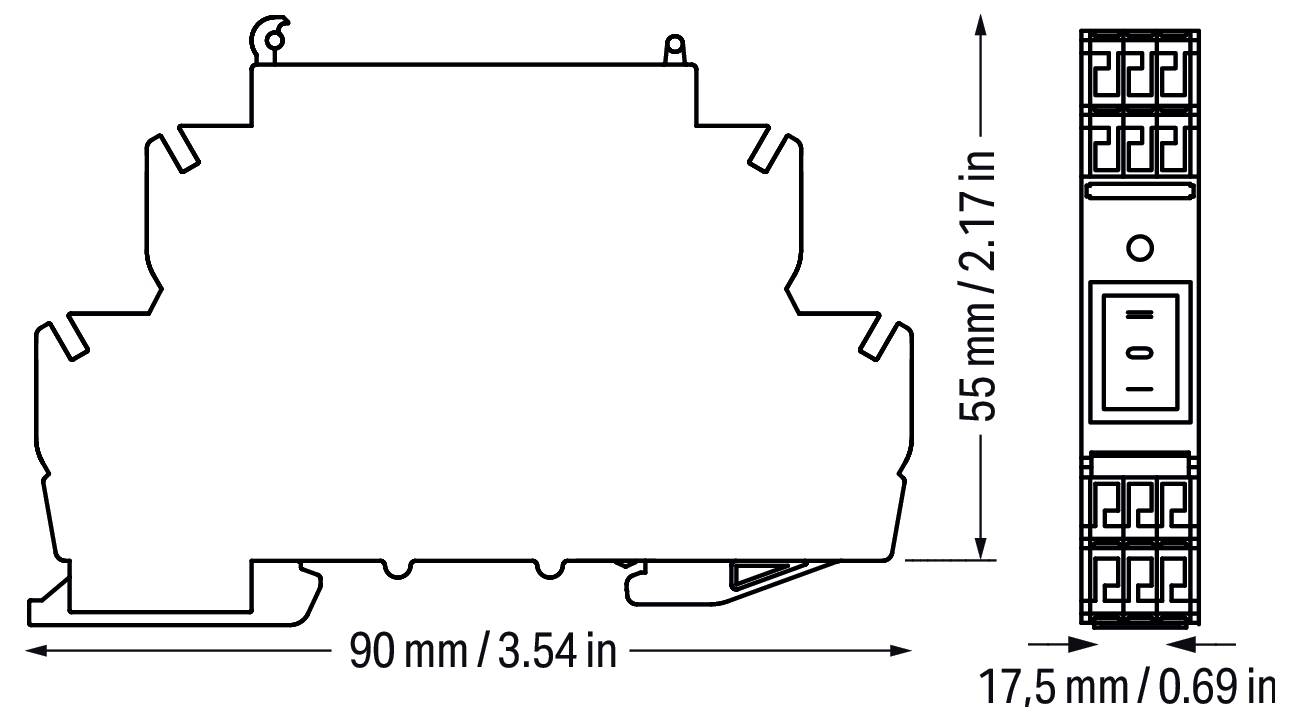 Strichzeichnung eines Geräts mit Abmessungen: Breite 90 mm (3,54 Zoll), Höhe 55 mm (2,17 Zoll) und Tiefe 17,5 mm (0,69 Zoll).