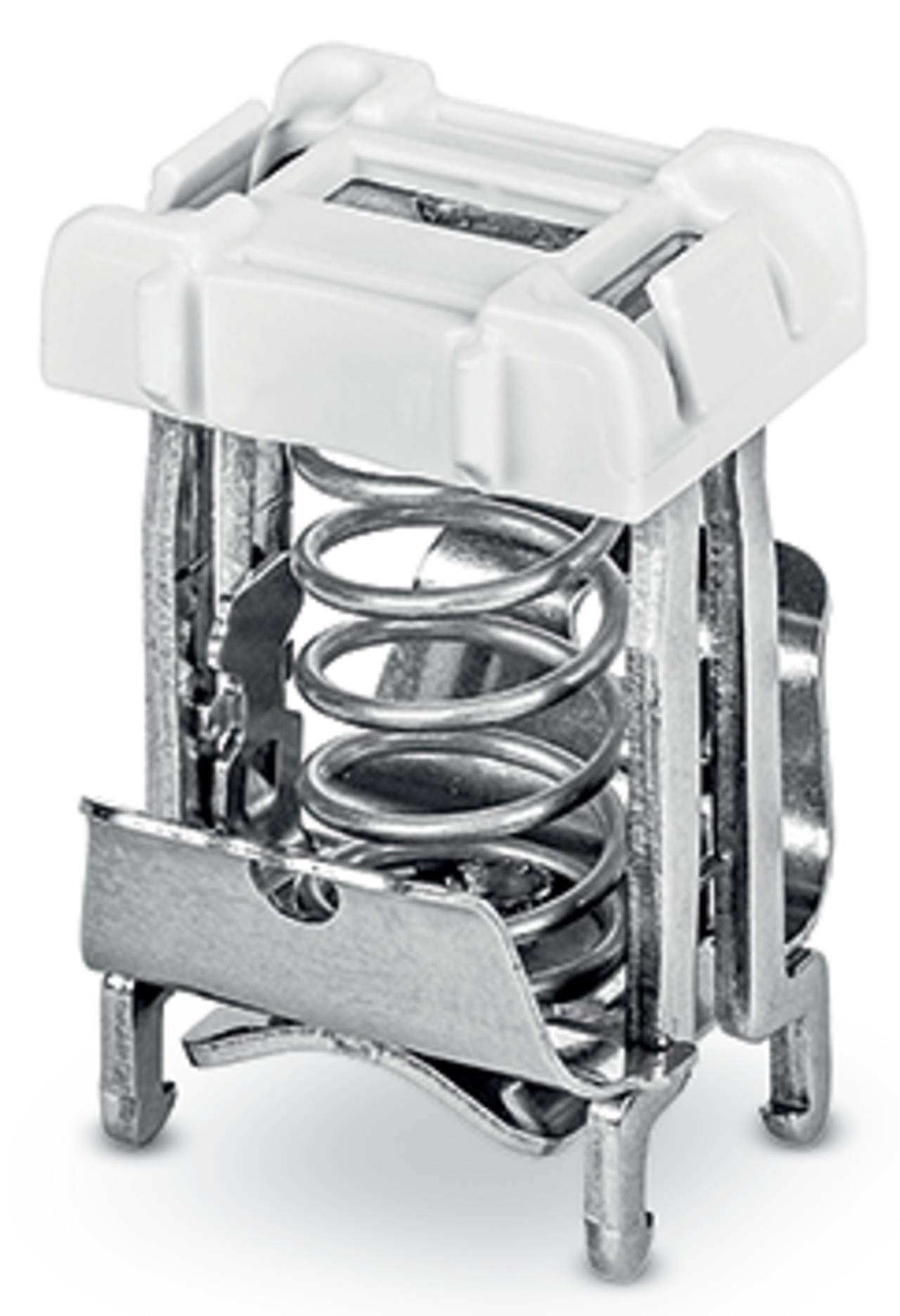 Ein Metallfederklemmenblock mit weißer Kunststoffabdeckung, entwickelt zum Verbinden elektrischer Drähte in elektronischen Geräten.