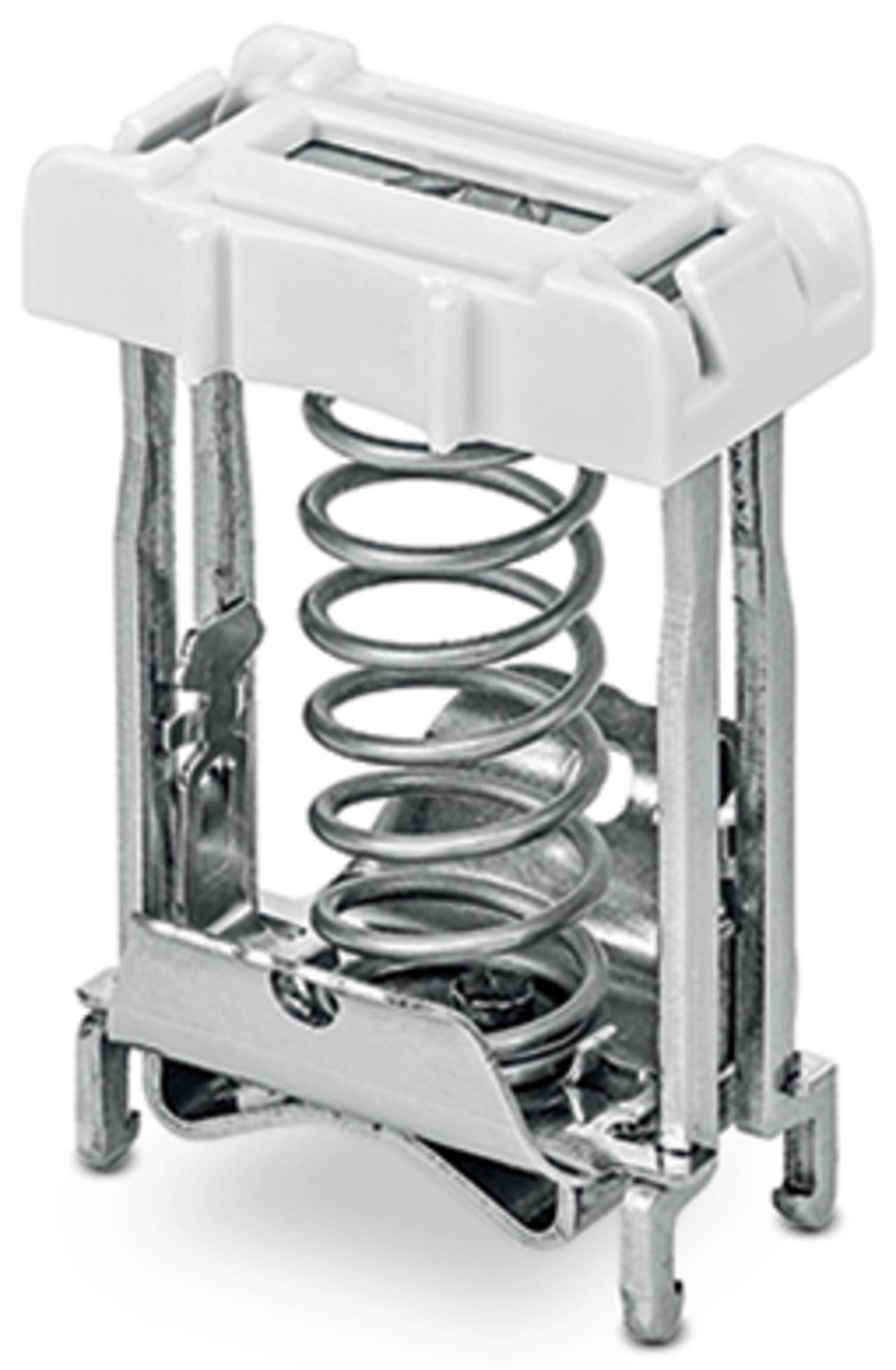 Ein silber- und weißes mechanisches Bauteil mit einer zentralen Schraubenfeder und einem Metallrahmen, möglicherweise für elektrische oder mechanische Geräte verwendet.