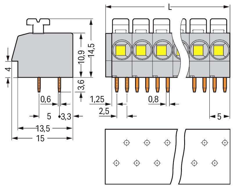 Technische Zeichnung eines Klemmblocks mit Abmessungen; Seitenansicht mit einer Höhe von 14,5 mm, einer Breite von 15 mm und verschiedenen Stiftabständen.