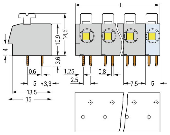 Schematische Darstellung einer elektronischen Komponente mit Abmessungen für die Installation und Pinbelegung; enthält Maße in Millimetern.