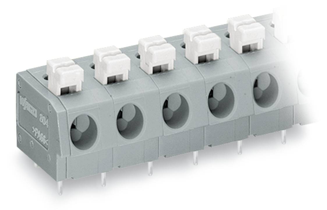 Ein graues 5-Positions-Klemmblock mit weißen Hebeln, das zum Anschluss von Elektrokabeln verwendet wird; vertikal mit Metallstiften montiert.