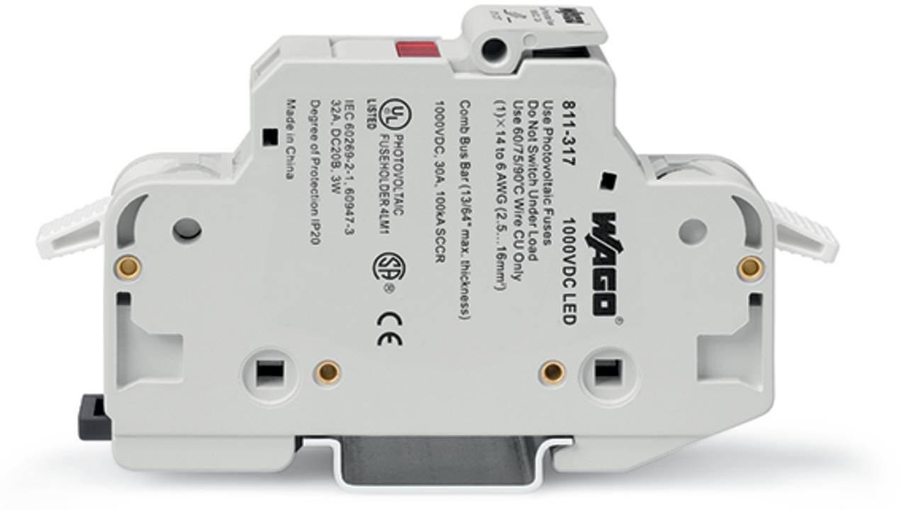 WAGO 1000V DC LED elektronische Komponente, Modell 811-317, zeigt technische Spezifikationen und Zertifizierungslogos in der Seitenansicht.