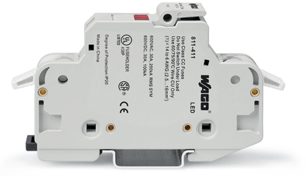 Ein grauer WAGO-Sicherungshalter für Solaranlagen, gekennzeichnet mit „600VDC, 30A, 1000V