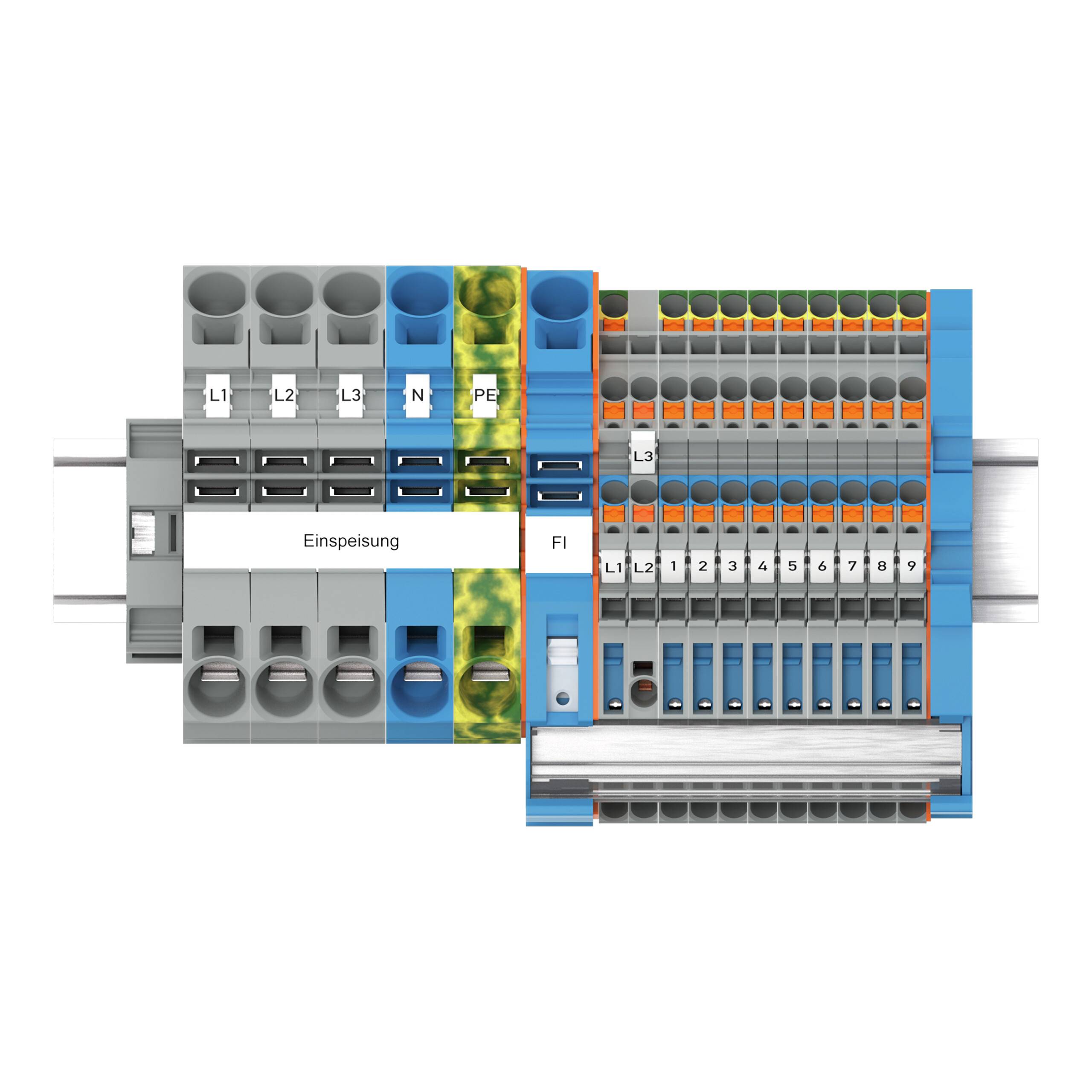 Ein Schaltmodul auf einer Schiene mit gekennzeichneten Komponenten einschließlich 'Einspeisung', L1, L2, L3, N, PE und mehreren nummerierten Schaltern.