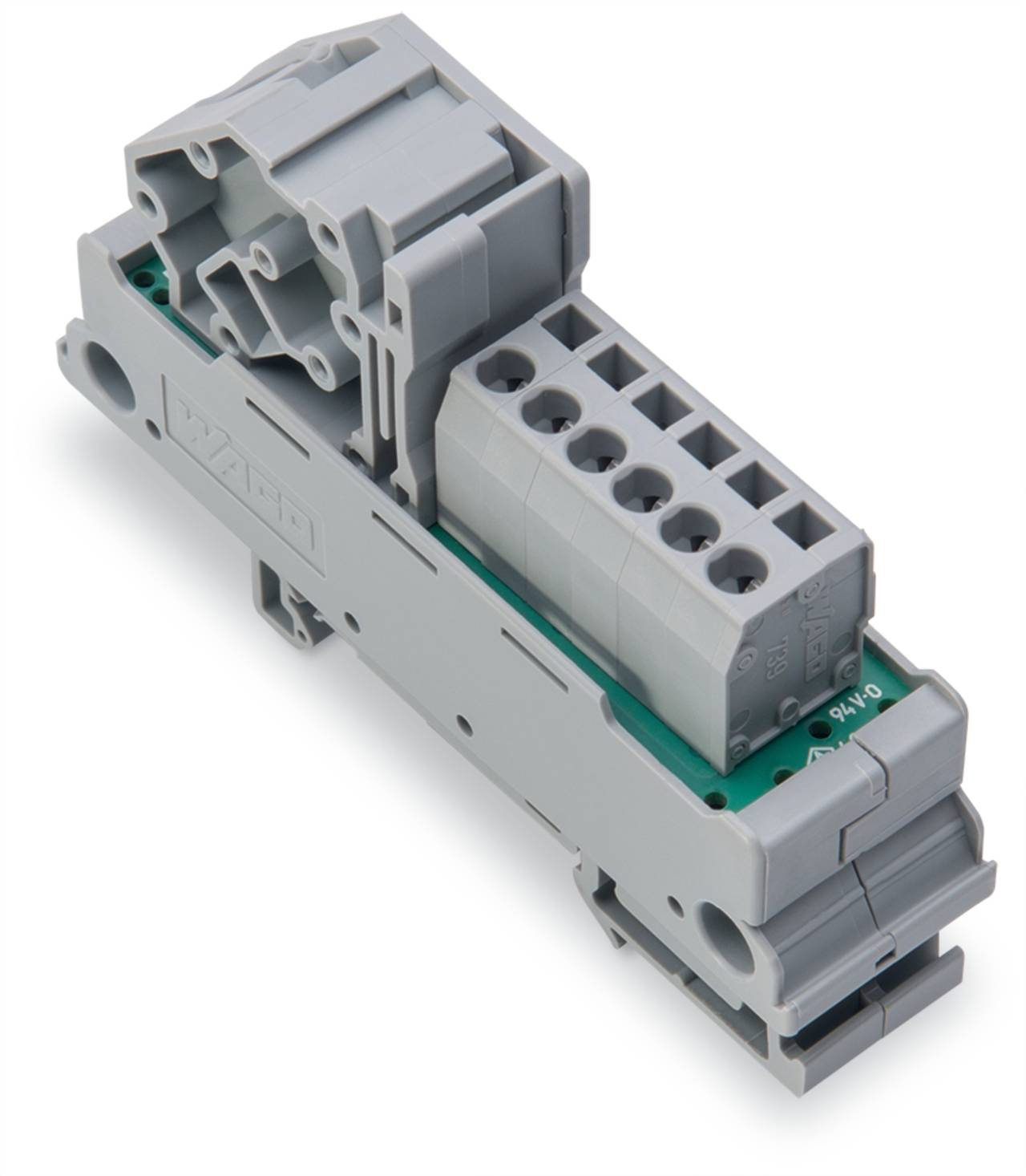 Ein grauer modularer Klemmblock mit mehreren Anschlußpunkten, verwendet für elektrische Verdrahtung in industriellen Anwendungen.