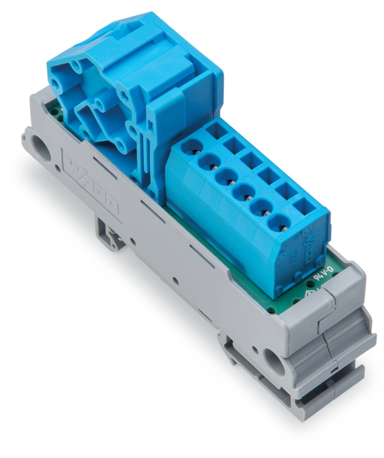 Ein elektrisches Steckvorrichtungsgerät mit grauer Grundplatte und blauen Anschlussblöcken, das für Schaltverbindungen in Industrieumgebungen entwickelt wurde.