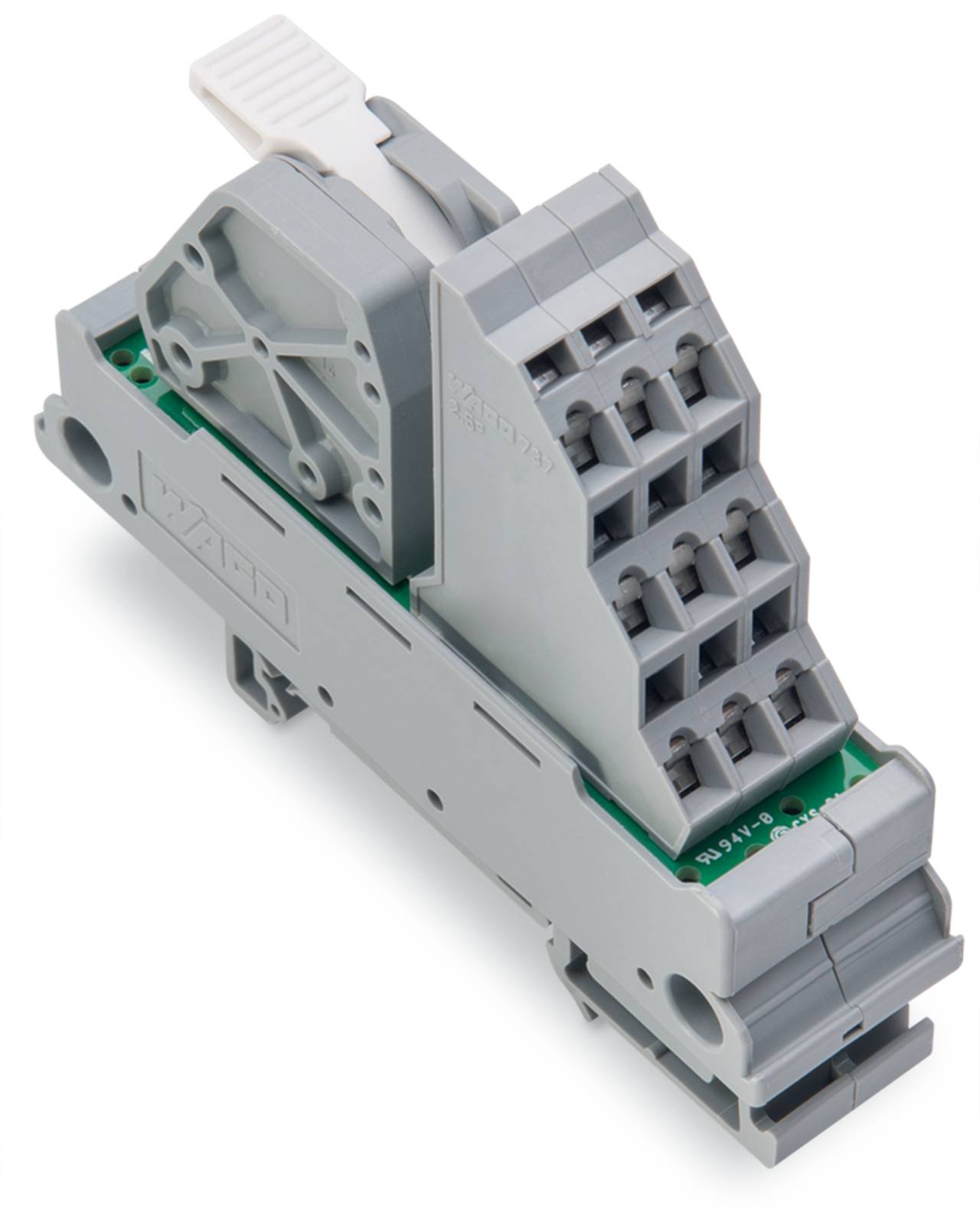 Ein grauer Klemmblock mit mehreren Anschllusspunkten und einem weißen Hebel oben, der für elektrische oder elektronische Schaltkreise verwendet wird.