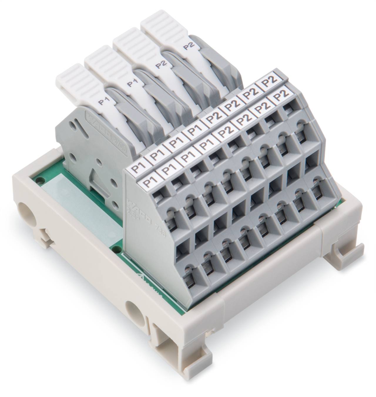 Grau-weißer Klemmenleisten-Stecker mit gekennzeichneten Klips und mehreren Anschlussöffnungen für Elektroinstallationsanwendungen.
