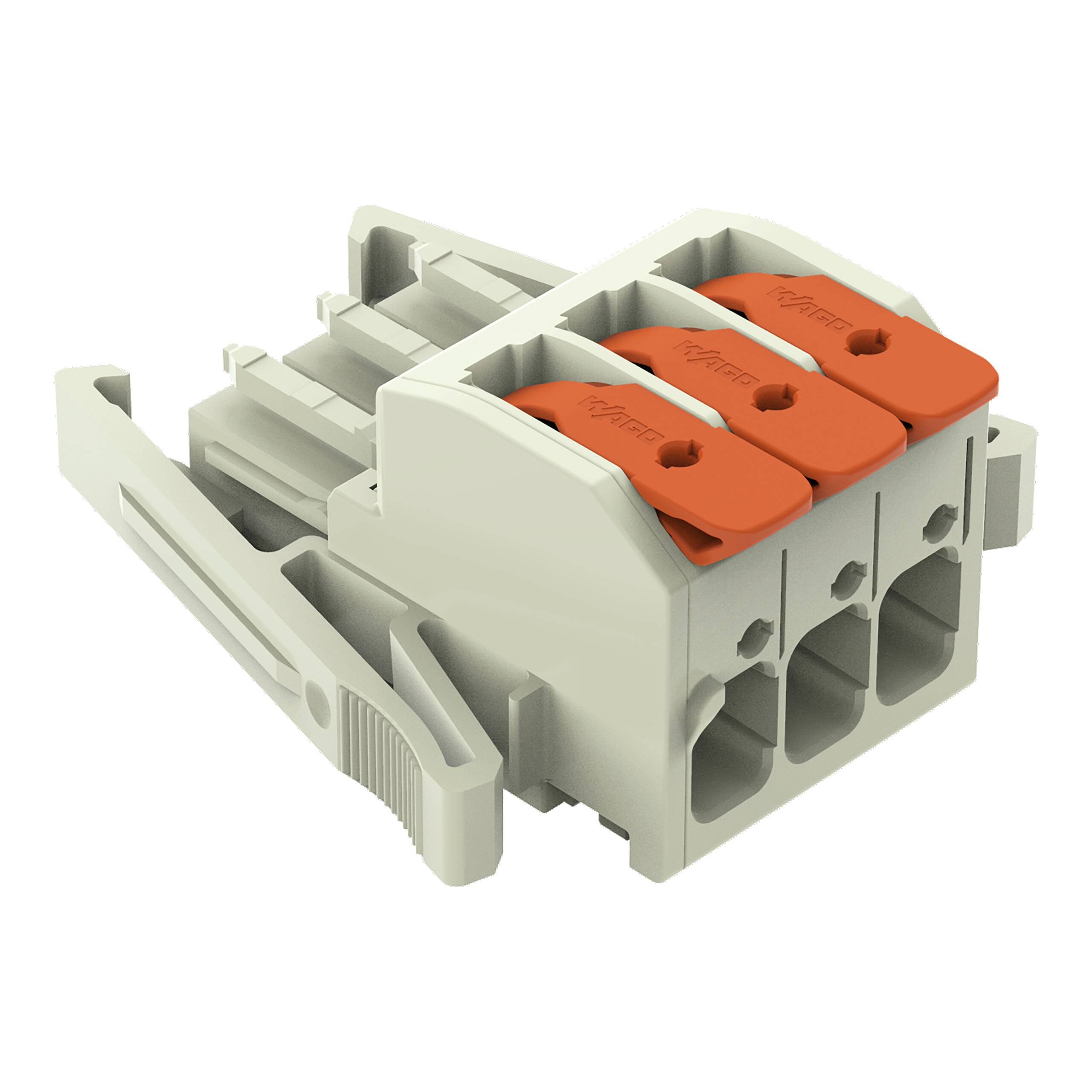 Ein dreipoliger elektrischer Steckverbinder in Grau mit orangefarbenen Hebeln, verwendet zum sicheren Verbinden von elektrischen Drähten in einem Stromkreis.