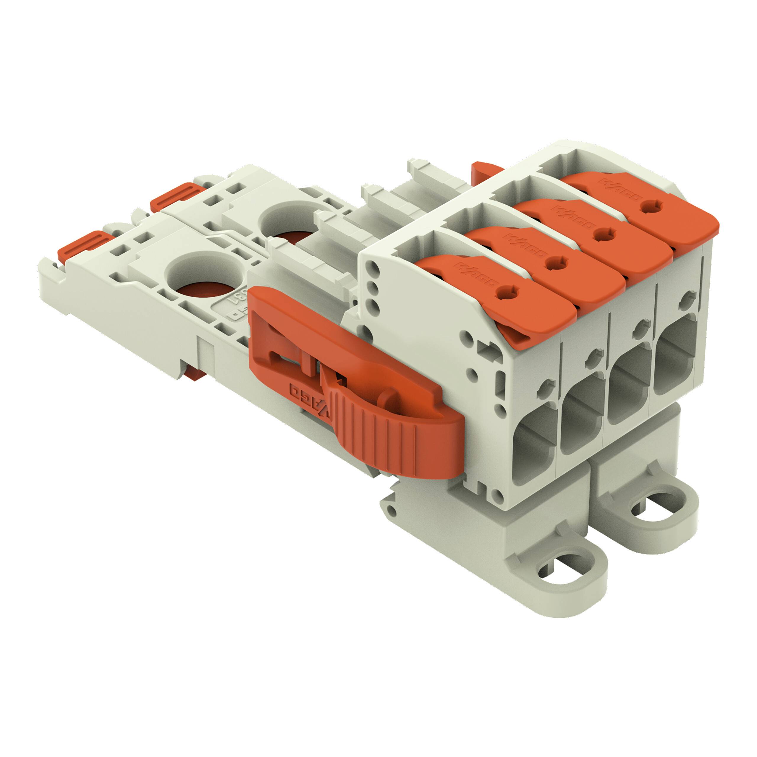 Ein Leiterplattenstecker der Serie 231 mit mehreren Klemmeinheiten, dargestellt in einer neutralen Farbe mit orangefarbenen Hebeln für Drahtverbindungen.