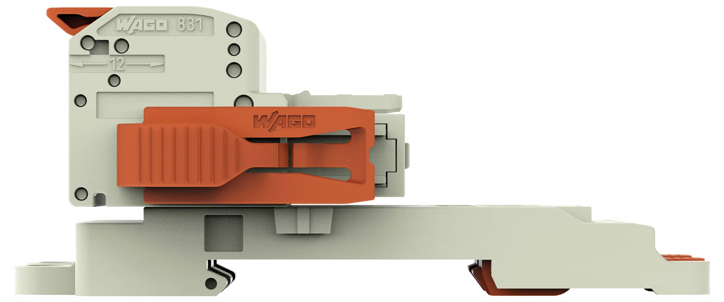 Grau-orange Leiterplattenbauteil von WAGO 8311 mit Hebel zum Verbinden von elektrischen Drähten.