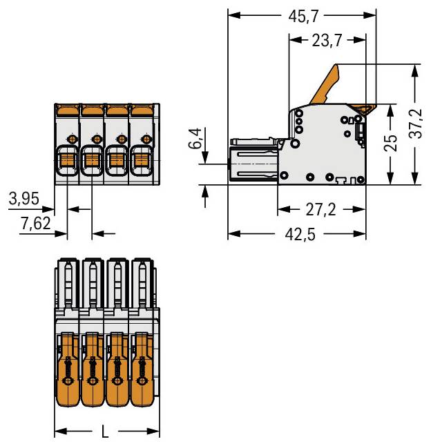 Schematische Darstellung eines Elektrosteckers mit Abmessungen: 45,7 mm Länge, 23,7 mm Breite, 37,2 mm Höhe. Enthält Seitenansicht und Draufsicht mit Maßangaben.