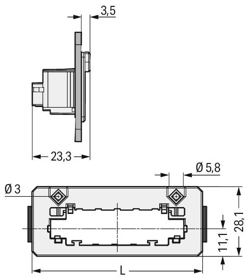 Technische Zeichnung eines rechteckigen Steckers mit Seiten- und Frontansicht. Die Abmessungen umfassen 3,5 mm, 23,3 mm Breite, Ø5,8 mm Schraubenloch und Länge „L