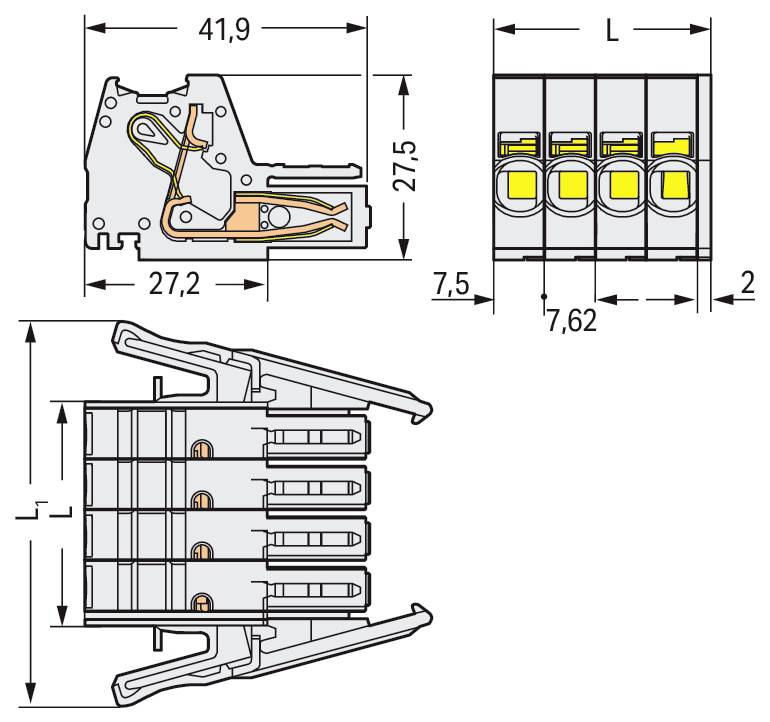 Technisches Schaltschema für Electrical Terminal Block; Vorder- und Seitenansichten mit Maßen: 41,9 mm Höhe, 27,5 mm Breite, 7,5 mm Tiefe und 7,62 mm Stiftabstand.