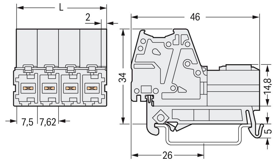 Technische Zeichnung einer elektrischen Komponente mit beschrifteten Abmessungen: L, 46 mm Breite, 34 mm Höhe, 26 mm Basis, 14,8 mm Schnitthohe.